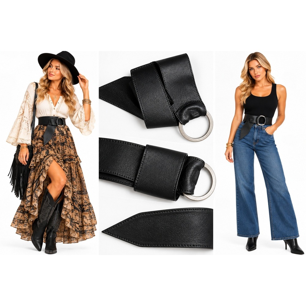Brave Beltworks 28 Black Leather Wide O-Ring Wrap Belt Boho Minimalist Y2K